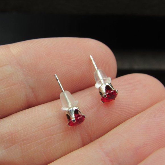 Sterling Silver Very Small Red CZ Stud Earrings - Picture 4 of 6